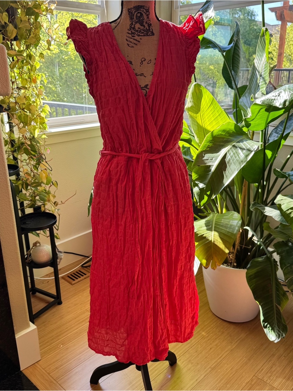 Salmon Red Crinkle Wrap Midi lined Dress - Sleeveless Tie Waist with pockets!